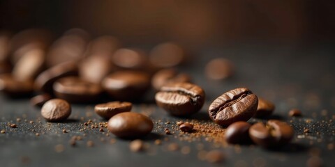 Fototapeta premium Aromatic Roasted Coffee Beans Close-Up Detail Showing Rich Brown Hues and Fine Ground Coffee Dust