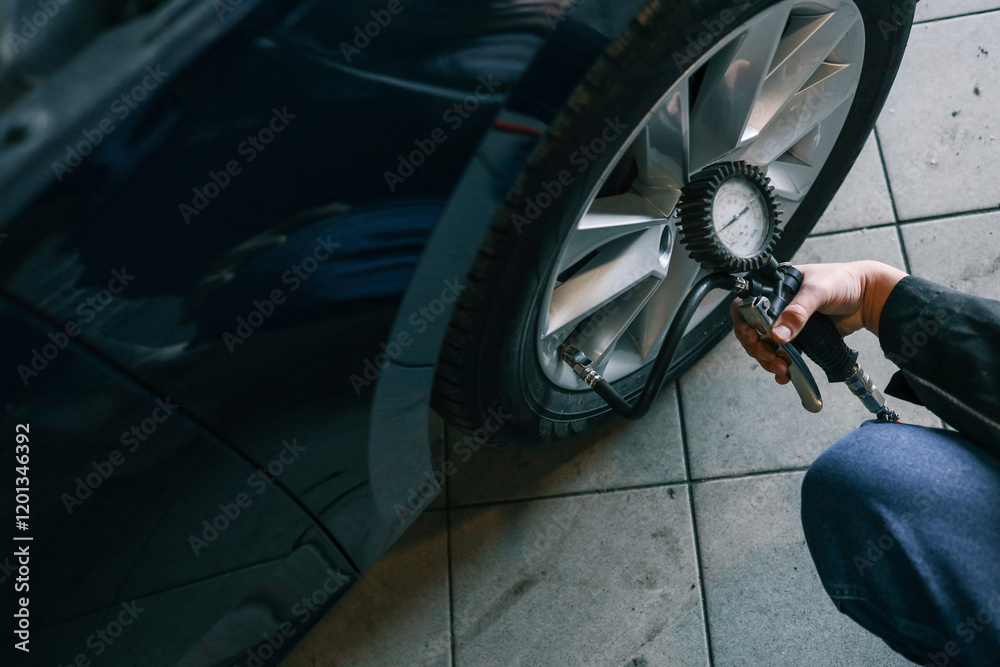 Aufkleber a mechanic checks tire pressure with a gauge during routine car maintenance in a garage. focus on th