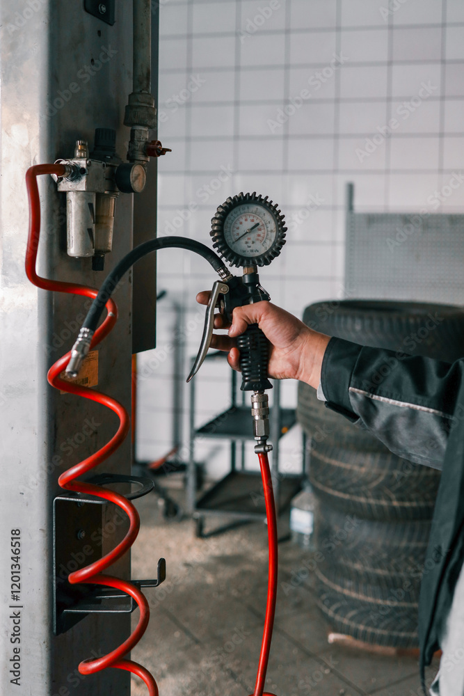 Poster a mechanic holding a tire pressure gauge attached to a red air hose in a professional workshop. the 