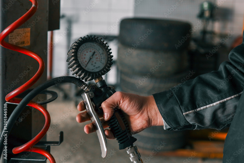 Poster a mechanic holding a tire pressure gauge attached to a red air hose in a professional workshop. the 