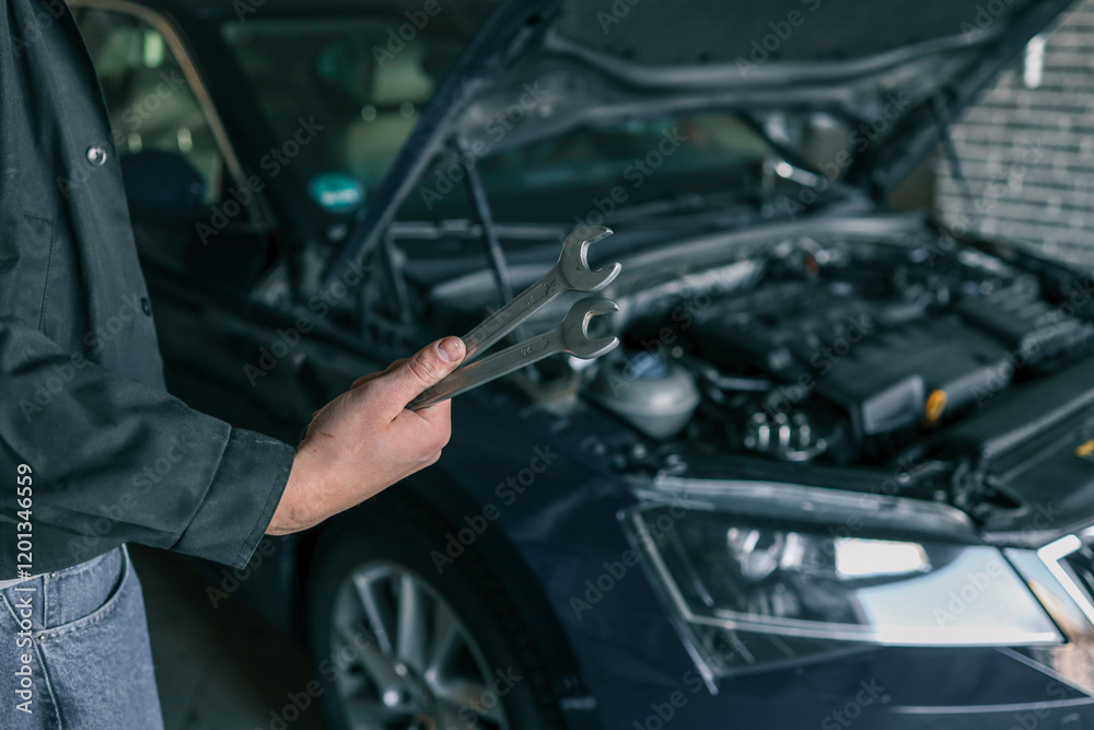 Poster A mechanic holding wrenches in front of an open car hood in a garage. The image emphasizes automotive repair tools and professional car maintenance in a workshop setting
