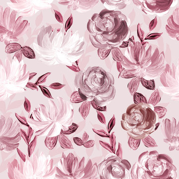 Seamless pattern of abstract painting pink flowers, original hand drawn, impressionism style, color texture, brush strokes of paint,  art background.