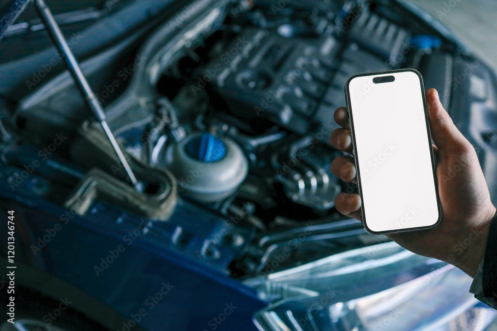 Poster hand holding a smartphone with a blank screen in front of an open car hood, showing the engine compa