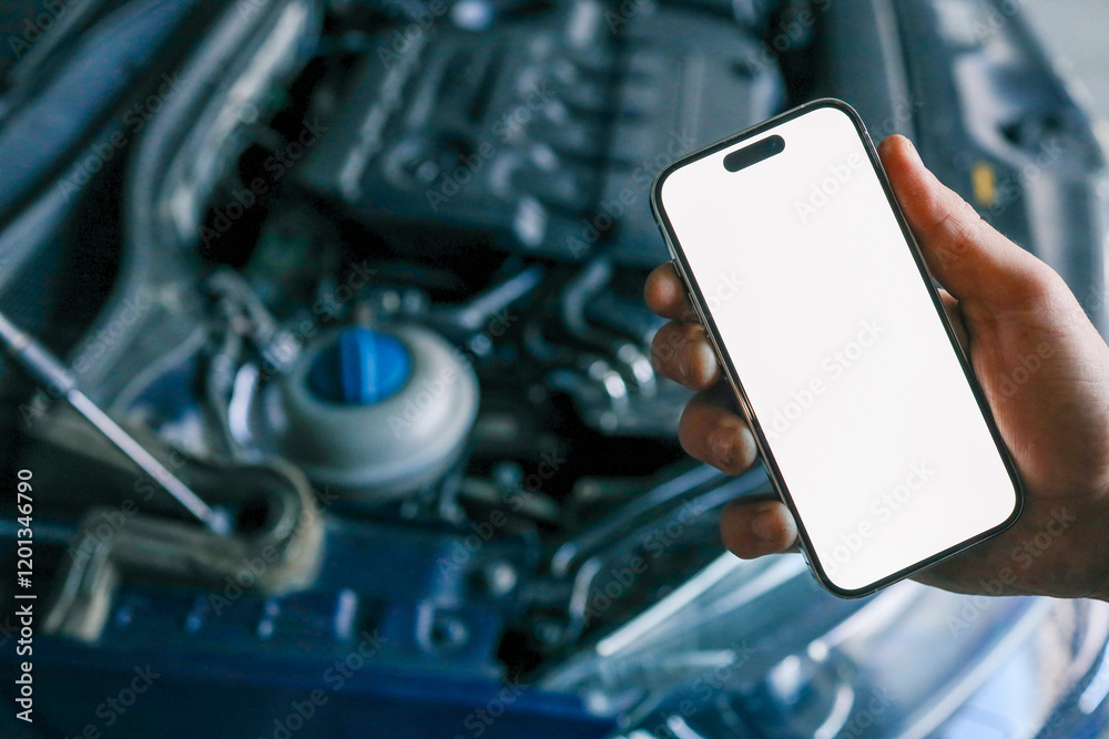 Aufkleber hand holding a smartphone with a blank screen in front of an open car hood, showing the engine compa