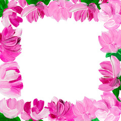 Floral frame with pink flowers. Hand drawn template  with copy space for romantic decoration, background for cards