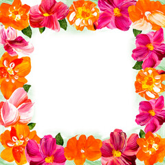 Floral frame with red and pink flowers. Hand drawn template  with copy space for romantic decoration, background for cards