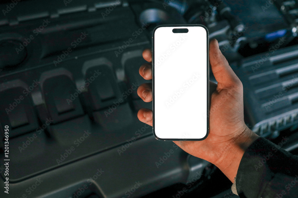 Poster hand holding a smartphone with a blank screen in front of an open car hood, showing the engine compa