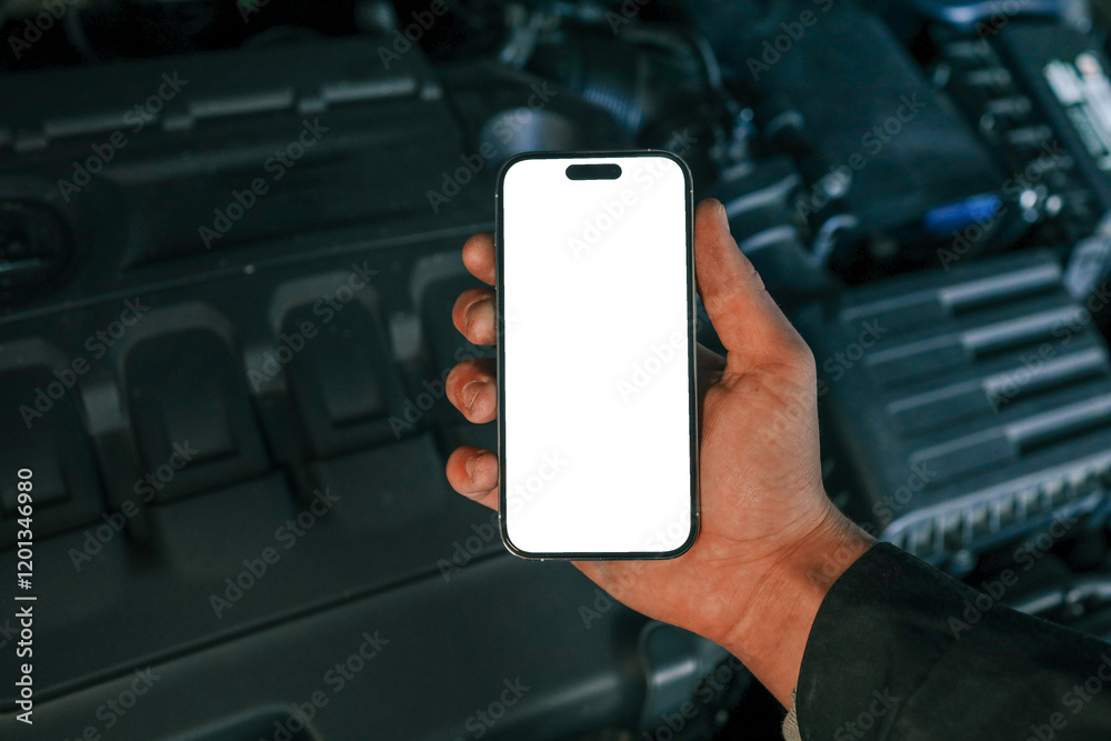 Poster hand holding a smartphone with a blank screen in front of an open car hood, showing the engine compa