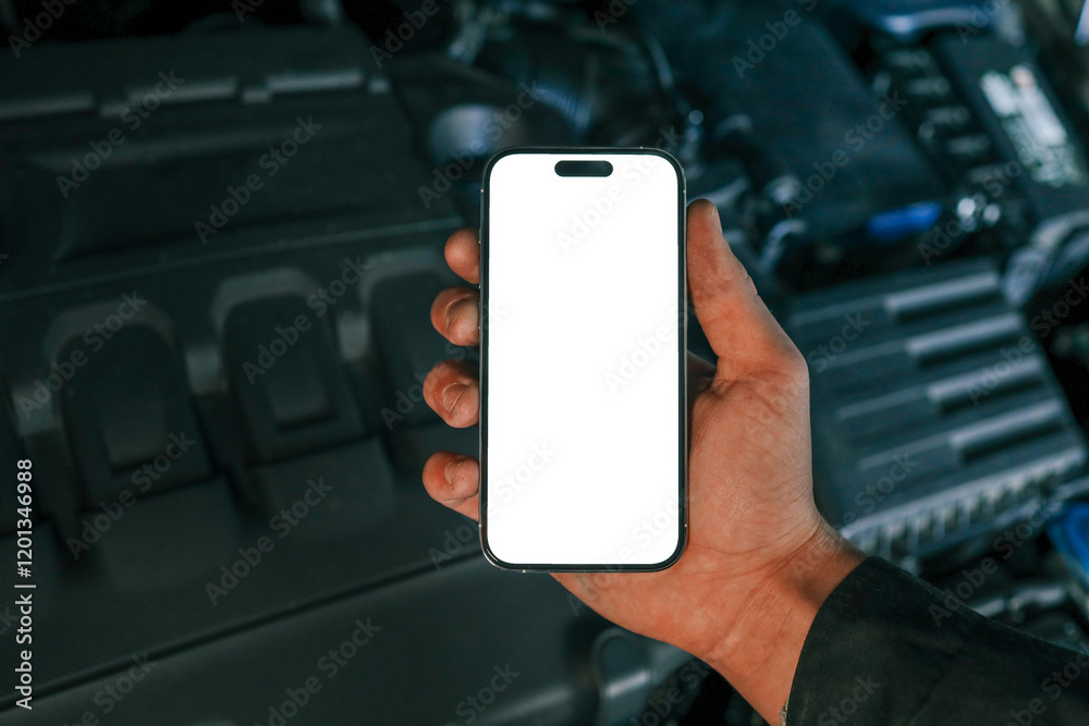 Poster Hand holding a smartphone with a blank screen in front of an open car hood, showing the engine compartment. Concept for car diagnostics, automotive apps, or remote vehicle monitoring