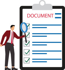 Inspect or review document, report or legal audit, quality assurance, search for document, information or research, investigate, proof or checking concept, businessman with magnifier inspect document