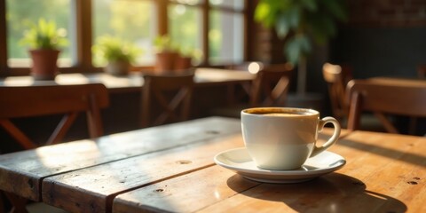 Warm morning sunlight illuminates a cafe table, a cup of coffee rests in the center, inviting relaxation and a peaceful start to the day.