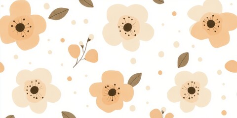 Floral pattern featuring soft beige and peach flowers with leaves and dots on a light background