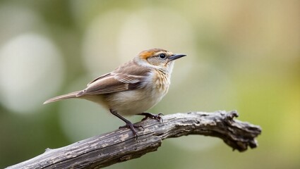 small bird, rustic perch, detailed feathers, soft brown tones, sharp beak, bright eye, bokeh background, nature photography, wildlife portrait, shallow depth of field, sparrow-like bird, textured wood
