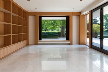 Obraz premium Hallway interior featuring a marble floor with wooden wall paneling and built-in wooden shelves for a sleek entryway.