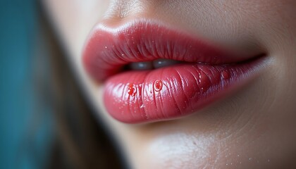 Fototapeta premium Close-up macro shot of incredibly luscious, glossy red lips with a hint of moisture, featuring fine skin texture details, a high-definition beauty image.