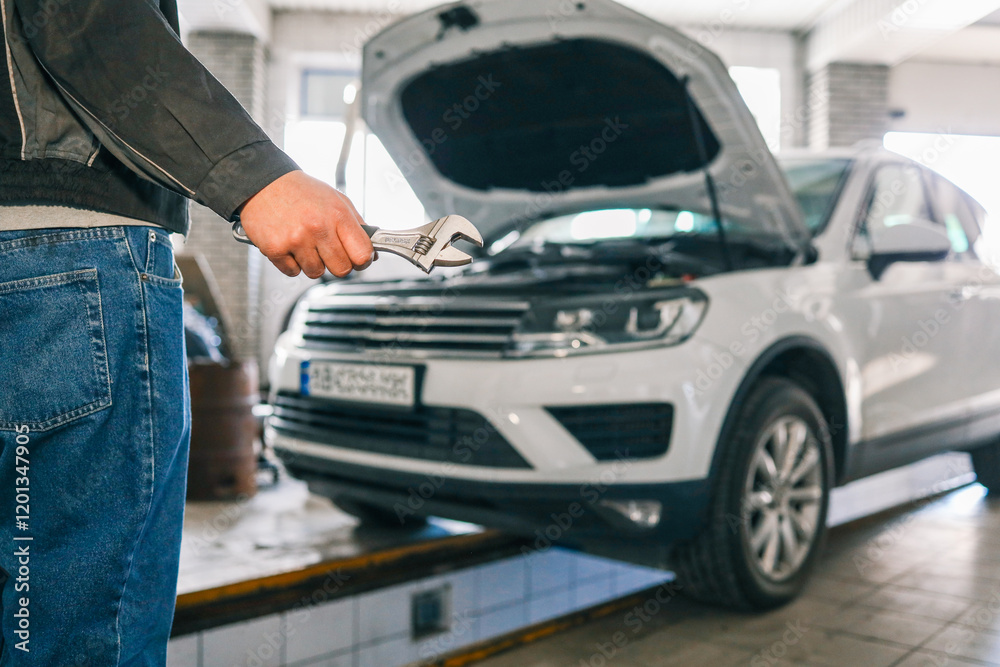 Poster mechanic holding an adjustable wrench in a workshop. a white car with its hood open is visible in th