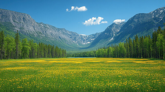 Majestic mountains and blooming yellow flowers fill a scenic mountain landscape on a clear day