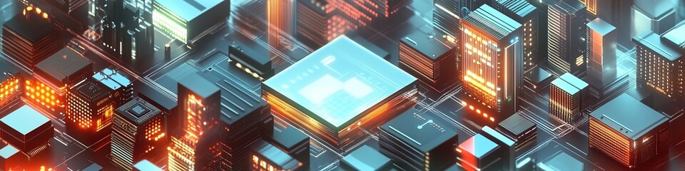 Fototapeta premium Luminous Microchip Floating Above Electronic CPU Array: Isometric Design on Light Blue Background. Abstract Tech Concept for Marketing, Showcasing Advanced Computing and High-Quality Digital Innovatio