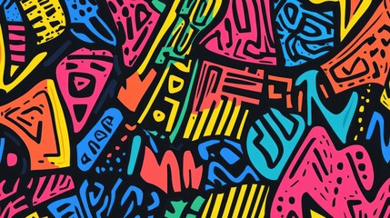 Vibrant abstract seamless pattern with colorful geometric shapes and doodles on black background.