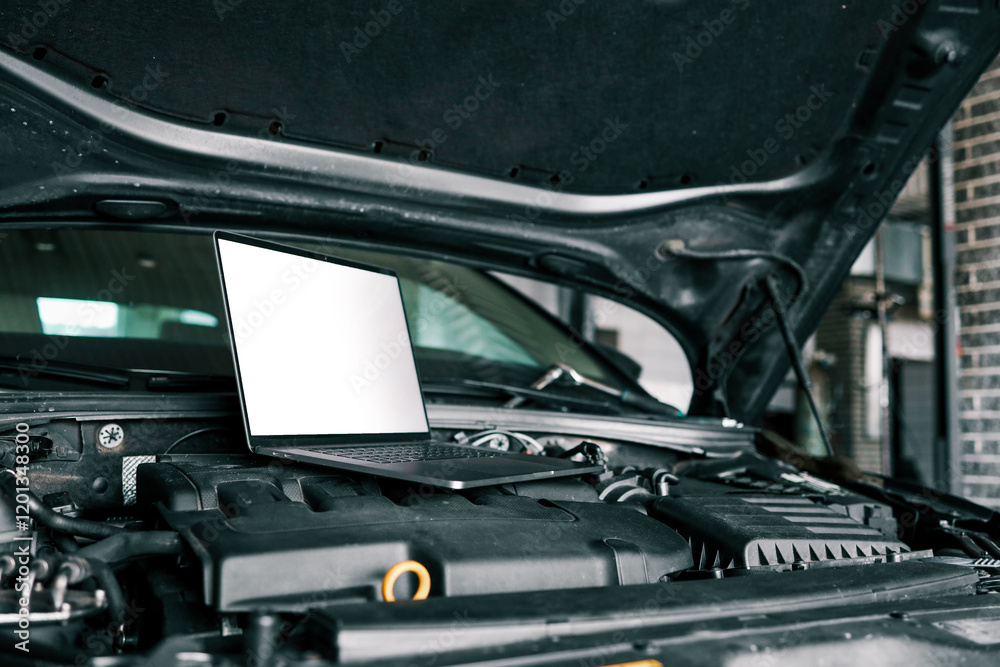 Poster laptop placed on a car engine under an open hood in a garage. represents modern automotive diagnosti