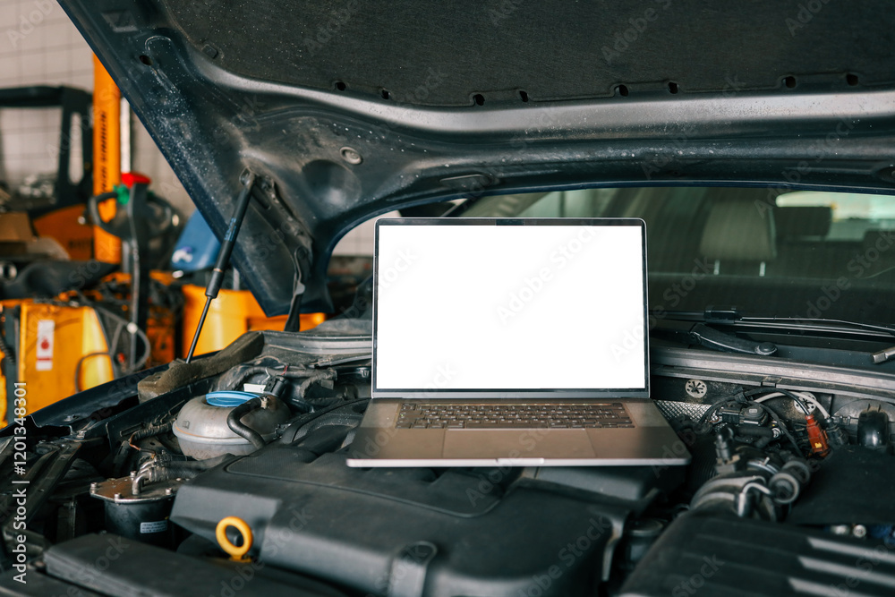 Poster Laptop placed on a car engine under an open hood in a garage. Represents modern automotive diagnostics and maintenance using computer technology