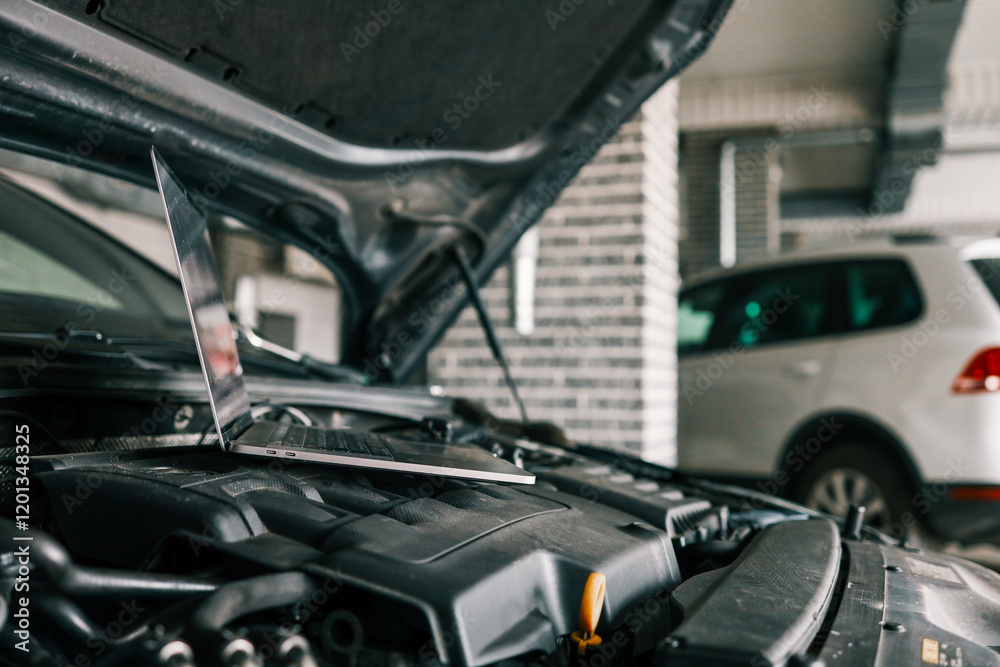 Poster laptop placed on a car engine under an open hood in a garage. represents modern automotive diagnosti