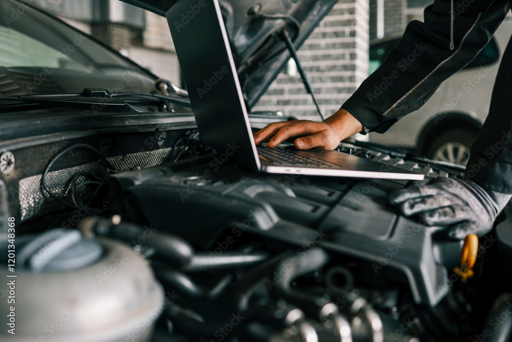 Aufkleber A mechanic using a laptop on a car engine for diagnostics in a garage. Highlights the use of technology in modern vehicle maintenance and repair