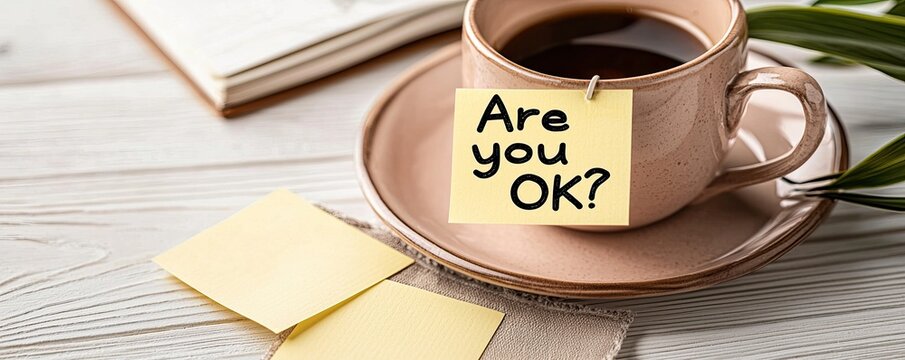 Mental health awareness concept. A cozy coffee cup with a message asking, "Are you OK?" on a sticky note, symbolizing care and wellness.