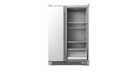 Modern Empty Stainless Steel Refrigerator with Open Door Kitchen Appliance Clean Design