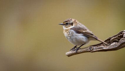 Fototapeta premium small bird, rustic perch, detailed feathers, soft brown tones, sharp beak, bright eye, bokeh background, nature photography, wildlife portrait, shallow depth of field, sparrow-like bird, textured wood