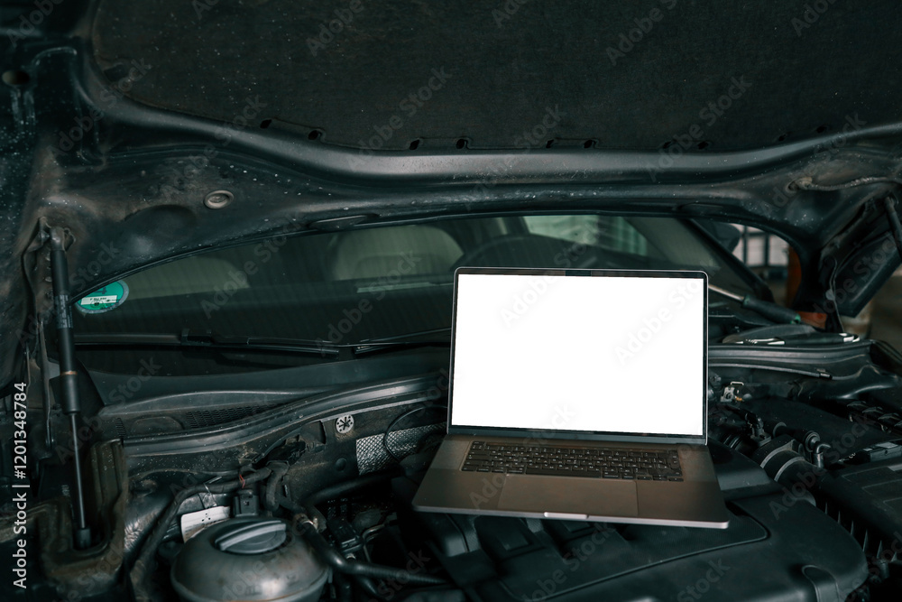 Aufkleber Laptop placed on a car engine under an open hood in a garage. Represents modern automotive diagnostics and maintenance using computer technology