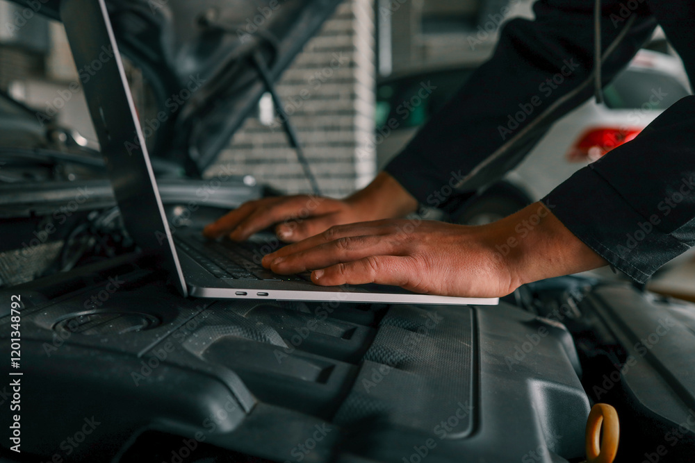 Fototapete Close-up of a mechanic's hands typing on a laptop placed on a car engine in a workshop, showcasing the integration of technology in vehicle diagnostics and repairs