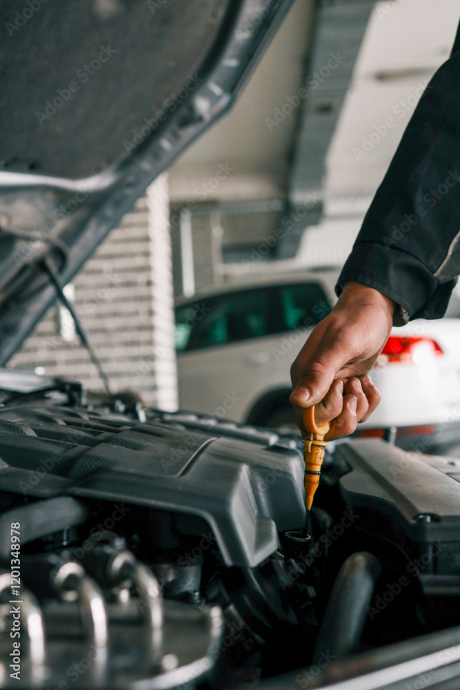 Poster close-up of a mechanic's hand holding an oil dipstick, checking engine oil levels in a vehicle's ope