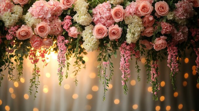 Elegant Floral Backdrop with Soft Pink Roses and Lush Hydrangeas for Events and Celebrations with Fairy Lights
