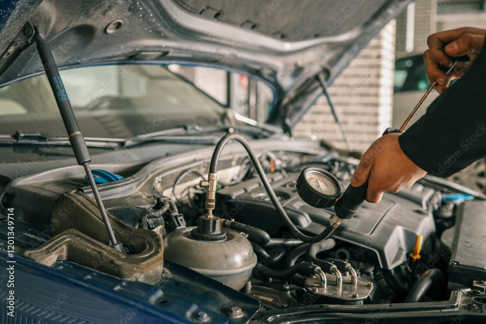 Fototapete Mechanic using a pressure gauge to test and diagnose the engine system of a car in a workshop. Open hood reveals components and testing equipment