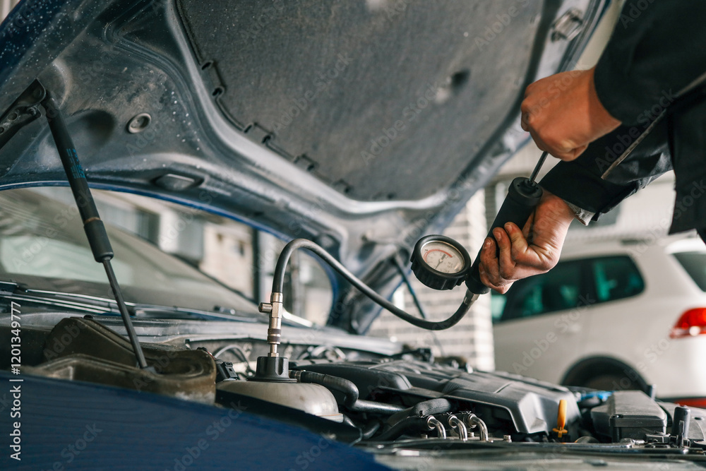 Aufkleber Mechanic using a pressure gauge to test and diagnose the engine system of a car in a workshop. Open hood reveals components and testing equipment
