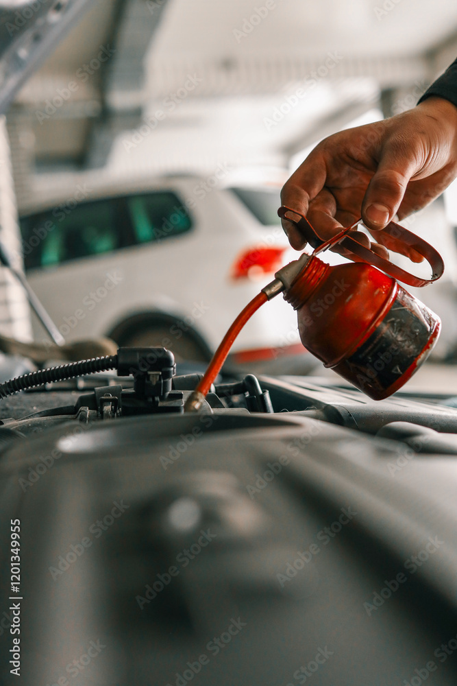 Poster Mechanic using a red oil can to lubricate a vehicle's engine components during routine maintenance in a workshop
