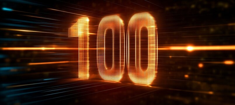 Glowing Orange Digital Number 100 in Futuristic Cyberspace with Light Rays, 3D Render