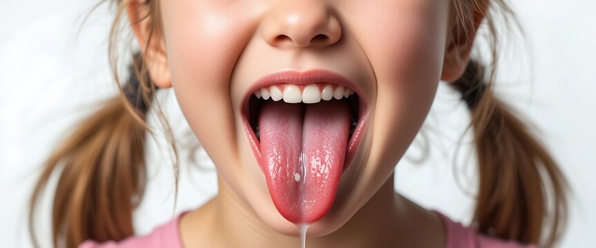 Close-up of a little girl with pigtails sticking her tongue out, showing white teeth and a dripping substance.