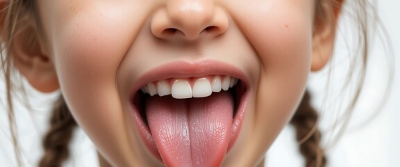 Obraz premium Close-up of a young girl's face, showcasing her bright, healthy teeth and pink tongue sticking out playfully.