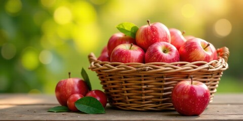 A wicker basket brimming with ripe, red apples sits on a wooden surface, bathed in sunlight, with additional apples nestled nearby, creating a picturesque autumnal scene of abundance.