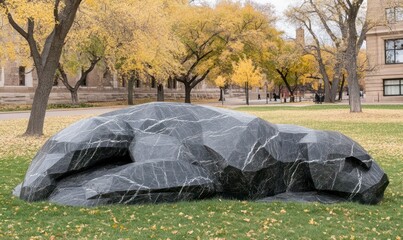 Stone sculpture rests in autumn campus lawn