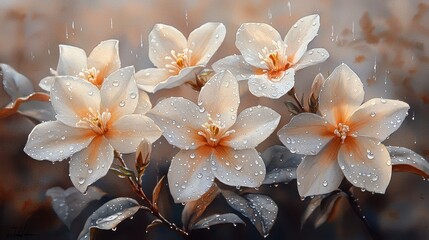Fototapeta premium Rain-kissed pale flowers with dew drops.
