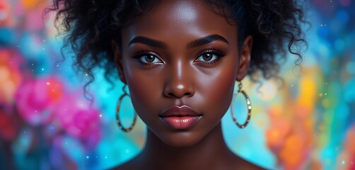 Obraz premium Stunning portrait of a beautiful Black woman with curly hair, wearing gold hoop earrings, against a vibrant colorful bokeh background