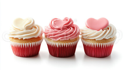 A trio of heart-shaped cupcakes with creamy swirled frosting in shades of pink, white, and red, isolated on white