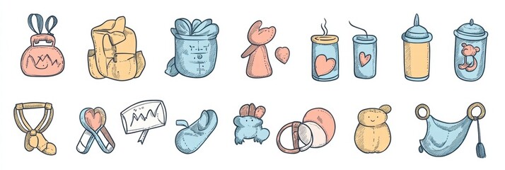 Cute collection of illustrated items featuring playful designs and pastel colors suitable for a variety of creative projects. Generative AI
