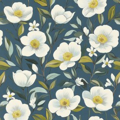Floral pattern with white blooms and green leaves on a dark blue background showcasing vibrant design elements and colors
