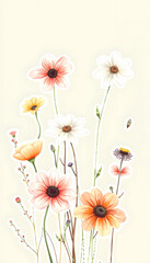 Obraz premium Beautiful floral set with watercolor hand drawn summer wild field flowers. Stock illustration. Clip art, sticker style, with white tones