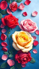 Colorful roses and petals scattered on a textured blue background