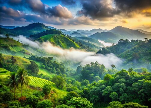 Misty Western Ghats, Kasaragod: Vibrant Flora & Rolling Hills Landscape Stock Photo